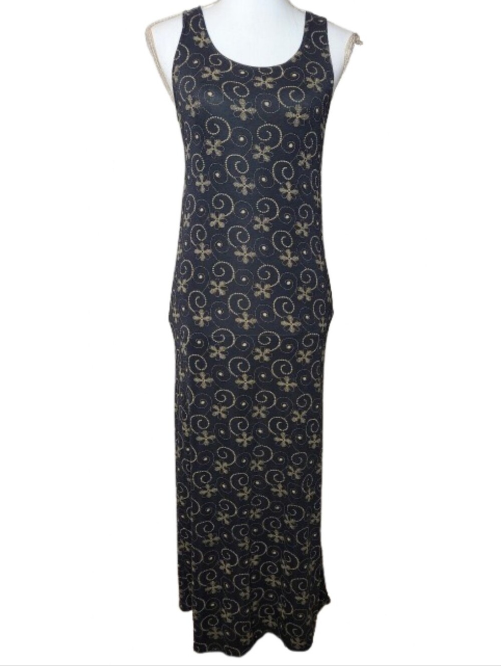 Vintage The Attic USA Womens Medium Black Floral Sleeveless Maxi Tank Dress